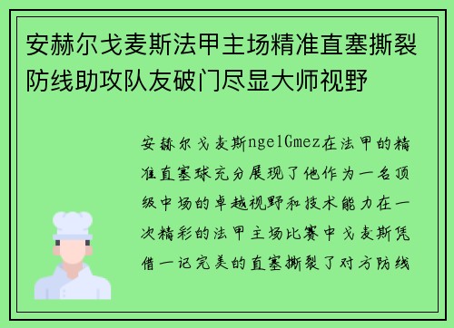 安赫尔戈麦斯法甲主场精准直塞撕裂防线助攻队友破门尽显大师视野