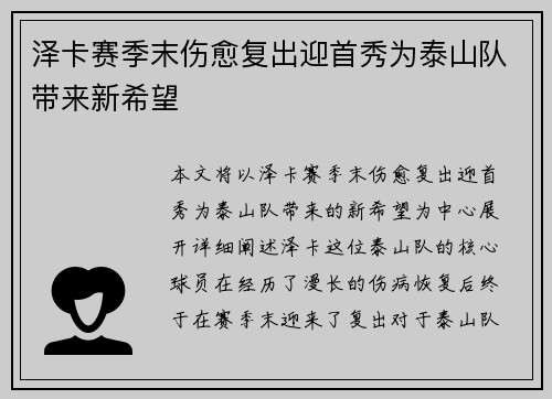 泽卡赛季末伤愈复出迎首秀为泰山队带来新希望